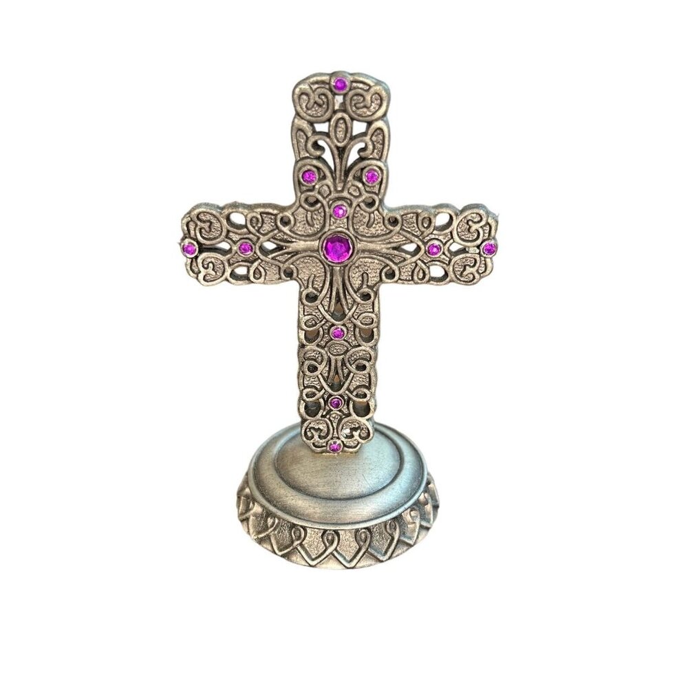 Pewter Ornate Cross Figurine with purple crystal inlays religious 4.5” tall